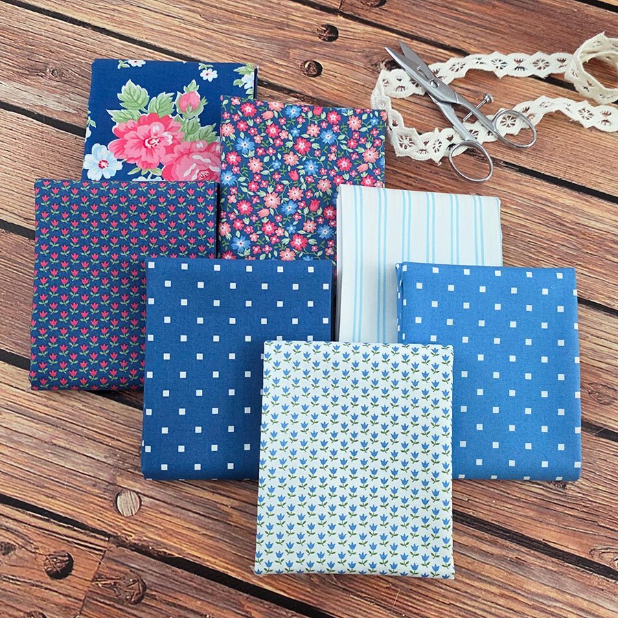 A Cat Named Stitch Blue Fat Quarter Bundle from Moda 7 Prints by Moda