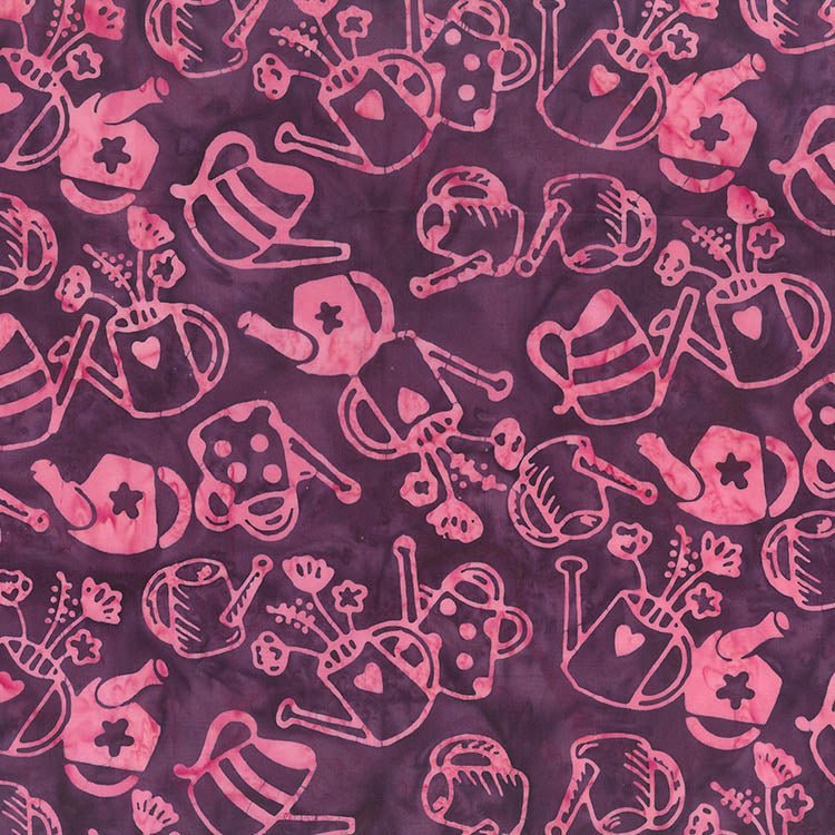 Banyan Secret Garden Batiks Watering Cans Plum Berry 1 Yard Cut - Banyan Batiks from Fort Worth Fabric Studio