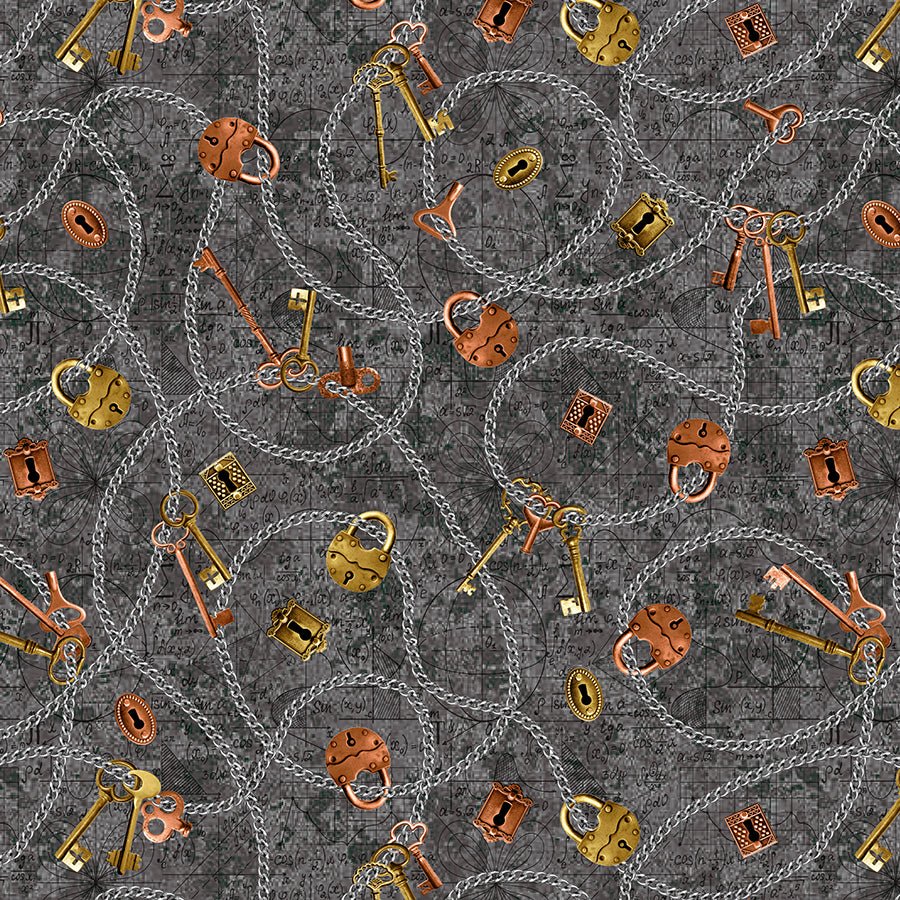Blank Full Steam Ahead Chains Keys & Locks Gray 1 Yard Cut by Blank Quilting