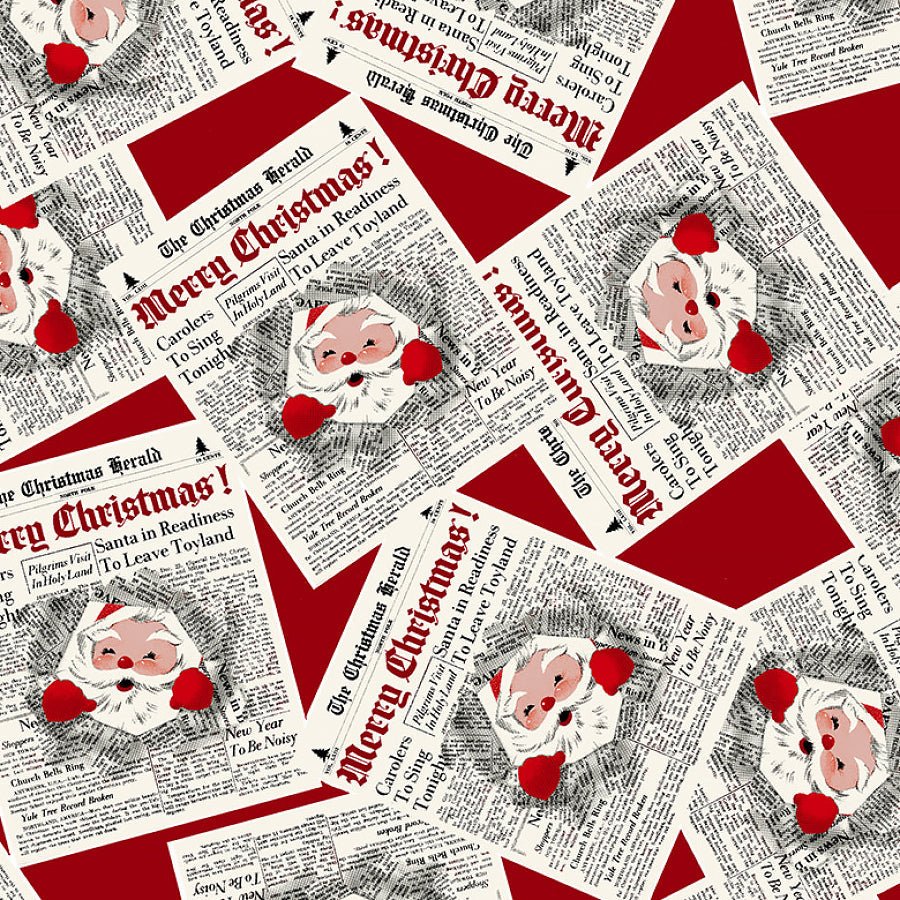 Henry Glass Santa's Coming To Town Newsprints Red 1 Yard Cut by Henry Glass