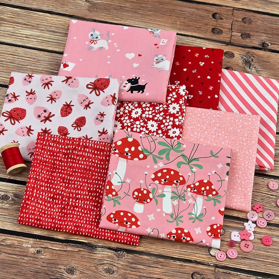 Kitty Kisses Pink Red Fat Quarter Bundle FWFS Exclusive by Fort Worth Fabric Studio