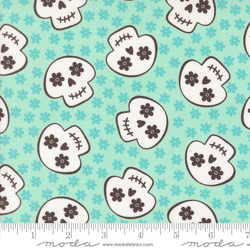 Moda Fab - Boo - Lous Skull Flowers Aqua 1 Yard Cut by Moda