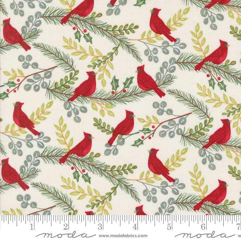 Moda Winter Friends Cardinals in Trees Snowy White 1 Yard Cut by Moda