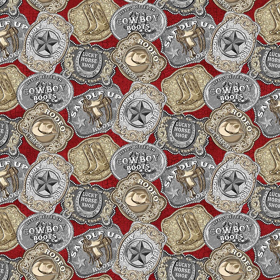 Northcott Cowboy Blues Buckles Red/Multi 1 Yard Cut by Northcott