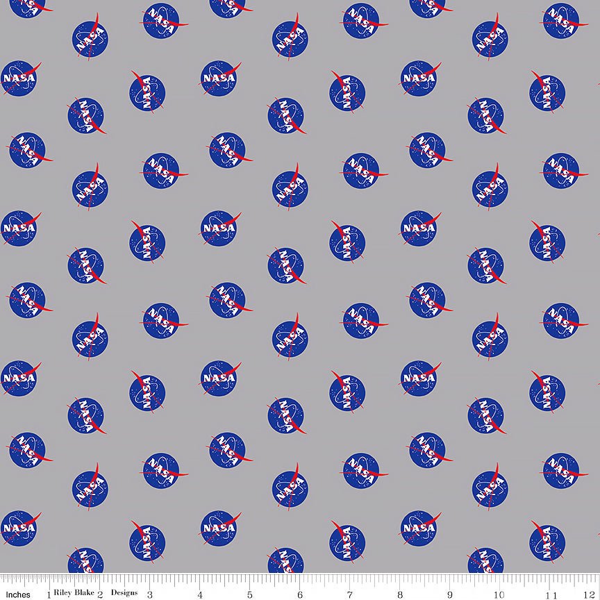 Riley Blake Outer Space Logo Toss Gray 1 Yard Cut - Riley Blake from Fort Worth Fabric Studio