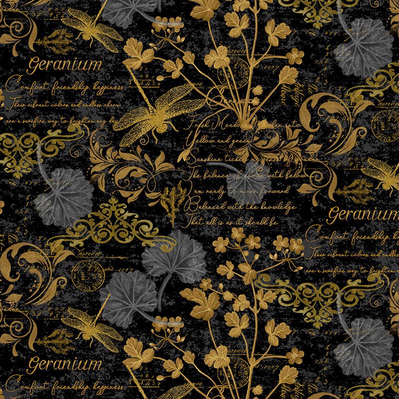Timeless Treasures Scarlet Beauty Text and Floral Black 1 Yard Cut by Timeless Treasures