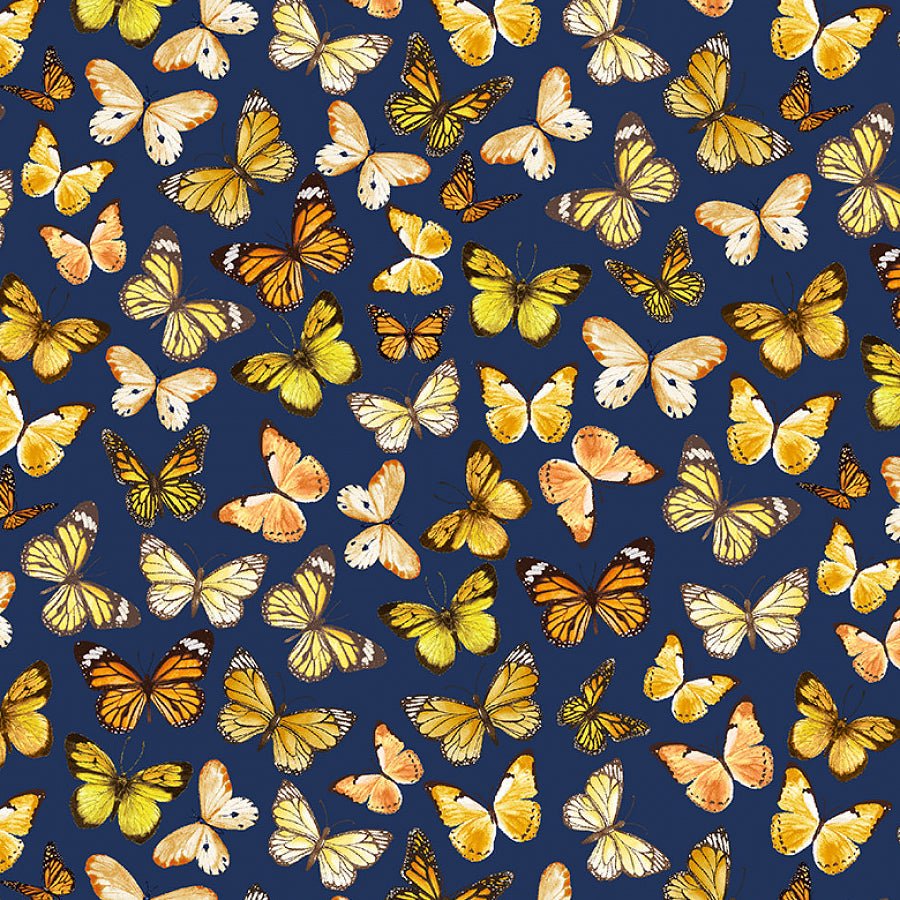 Timeless Treasures Sunflower Farm Tossed Butterflies Navy 1 Yard Cut by Timeless Treasures