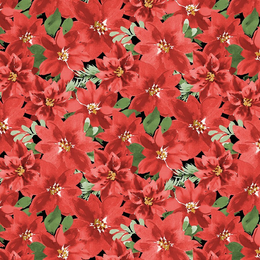Wilmington Cardinal Celebration Packed Poinsettias Black 1 Yard Cut by Wilmington Prints