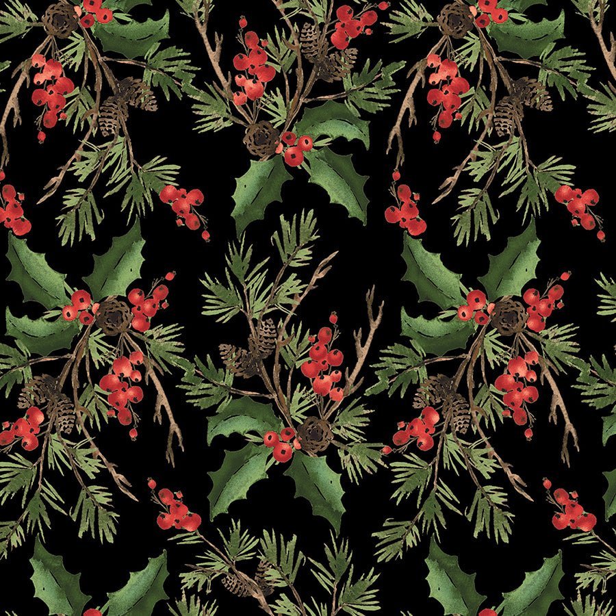 108" Wide Quilt Backing Berry Chic Holly Bouquet Black from Henry Glass 3 YARD CUT by Henry Glass