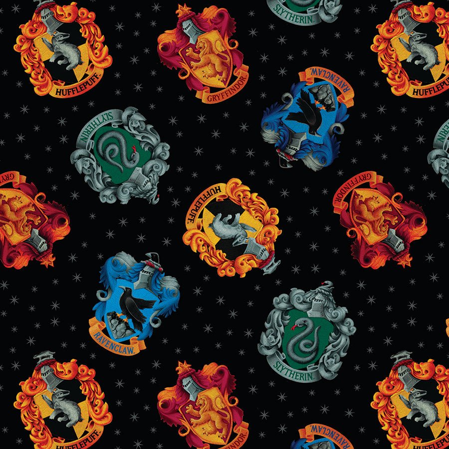 108" Wide Quilt Backing Harry Potter House Crests Black from Benartex 3 YARD CUT by Benartex