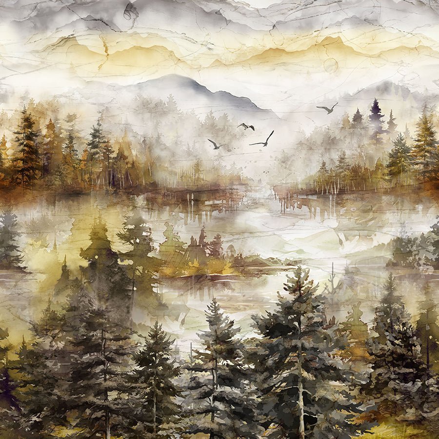 108" Wide Quilt Backing Misty Morning Scenic Ochre Multi from Northcott 3 YARD CUT by Northcott
