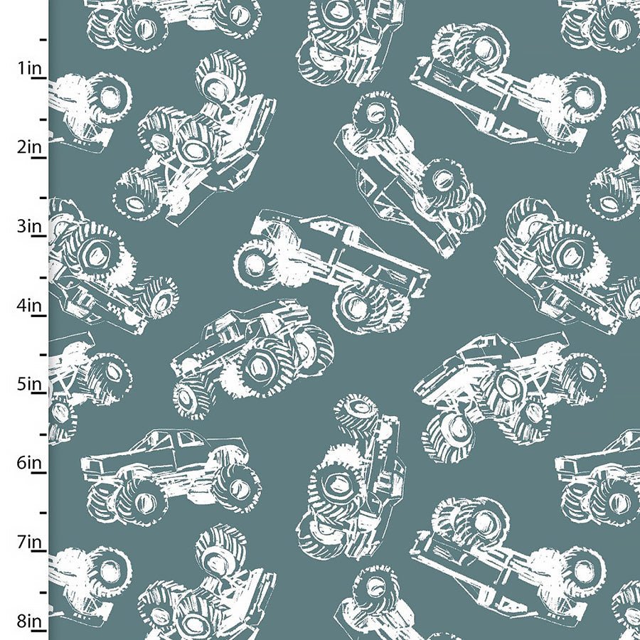 3 Wishes Mash the Throttle Monster Truck Outline Turquoise 1 Yard Cut by 3 Wishes Fabric