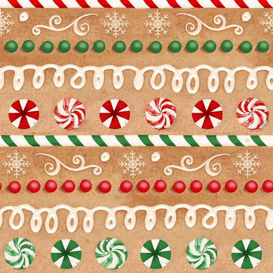 3 Wishes Very Merry Gingerbread Iced Candy Stripe Tan 1 Yard Cut by 3 Wishes Fabric
