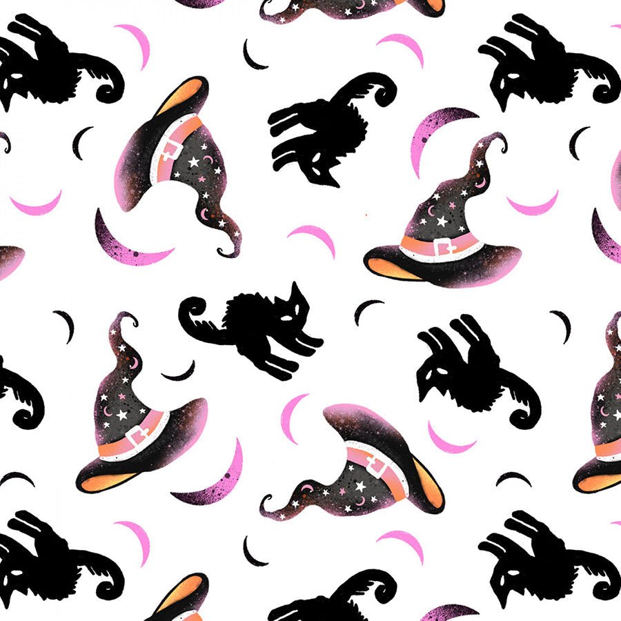 Blank Ghostly Greetings Witch Hats & Cats White 1 Yard Cut by Blank Quilting