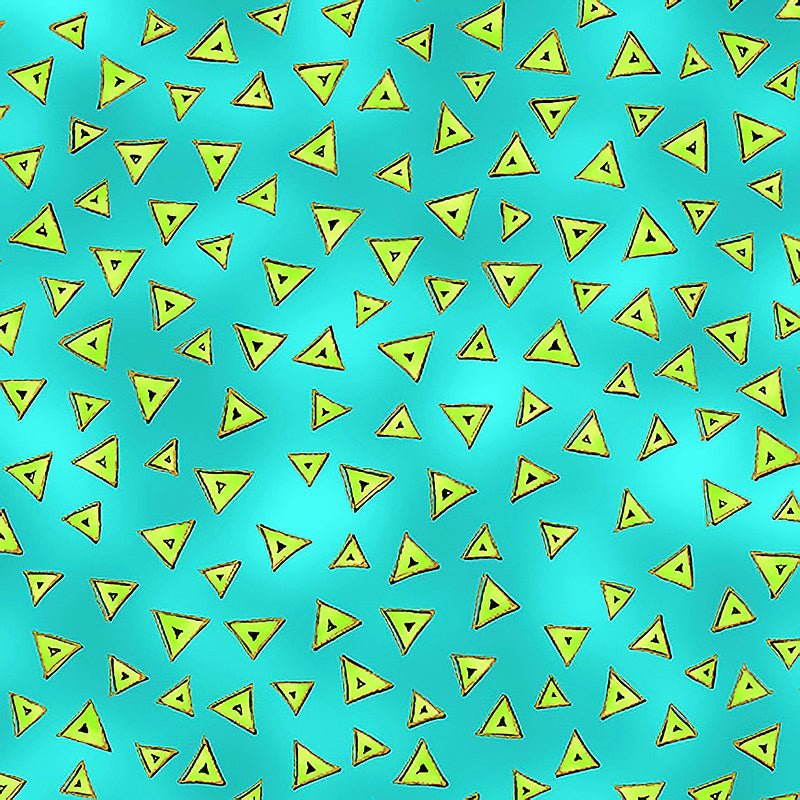 Clothworks Laurel Burch Basic Triangle Aqua Gold Metallic – Remnant 35" × 44" by Clothworks