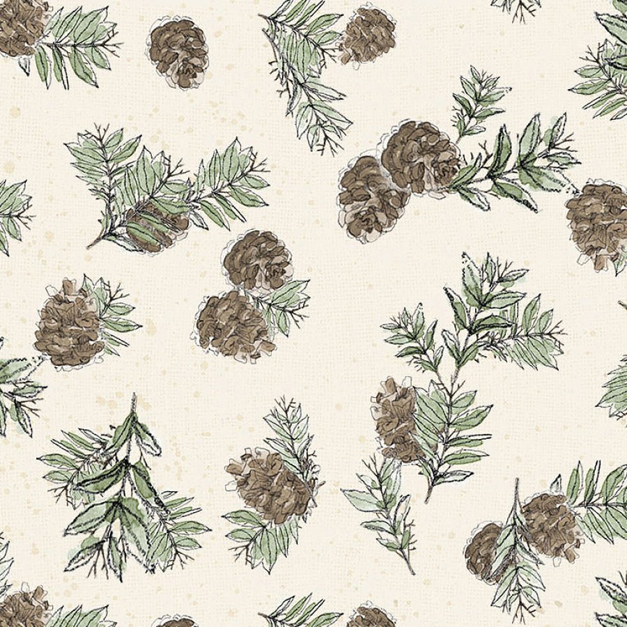 Clothworks Wildwood Pine Cones Cream 1 Yard Cut by Clothworks