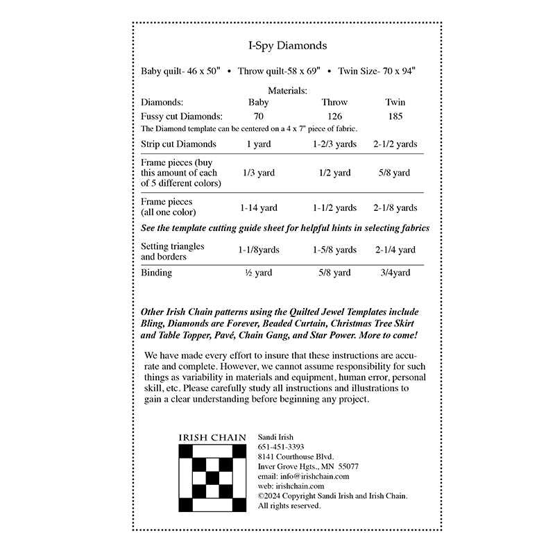 I Spy Diamonds Quilt Pattern + Quilted Jewel Templates by Irish Chain - Irish Chain from Fort Worth Fabric Studio