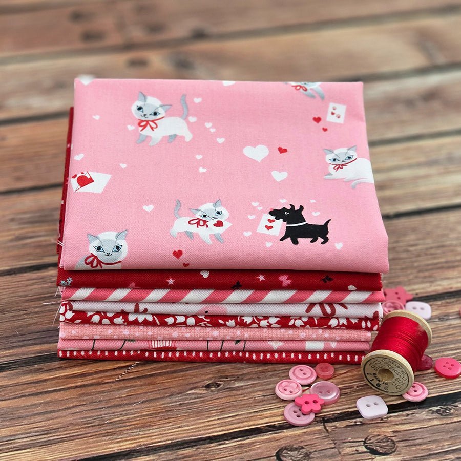 Kitty Kisses Pink Red Fat Quarter Bundle FWFS Exclusive by Fort Worth Fabric Studio