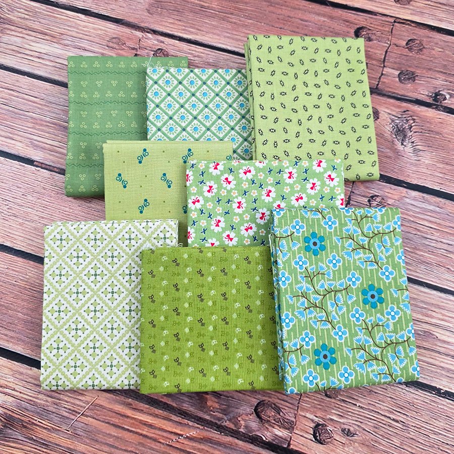 Lori Holt Stitched in Lucky Green – FWFS Exclusive 8 Piece Fat Quarter Bundle by Fort Worth Fabric Studio