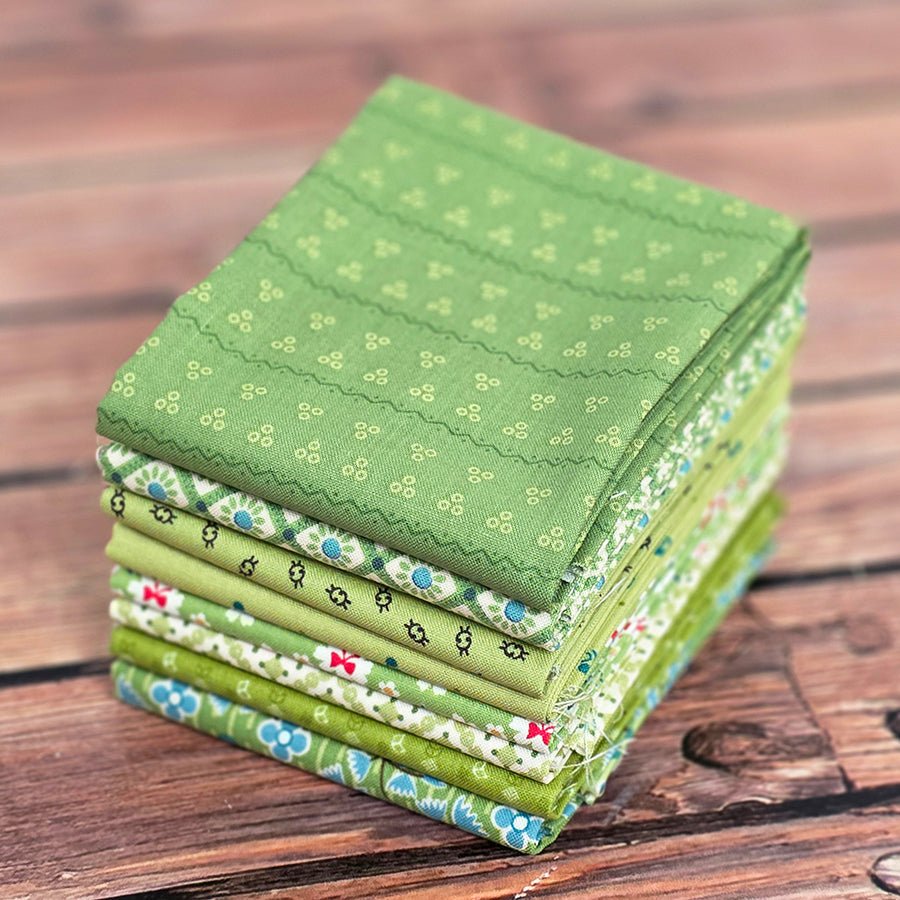 Lori Holt Stitched in Lucky Green – FWFS Exclusive 8 Piece Fat Quarter Bundle by Fort Worth Fabric Studio