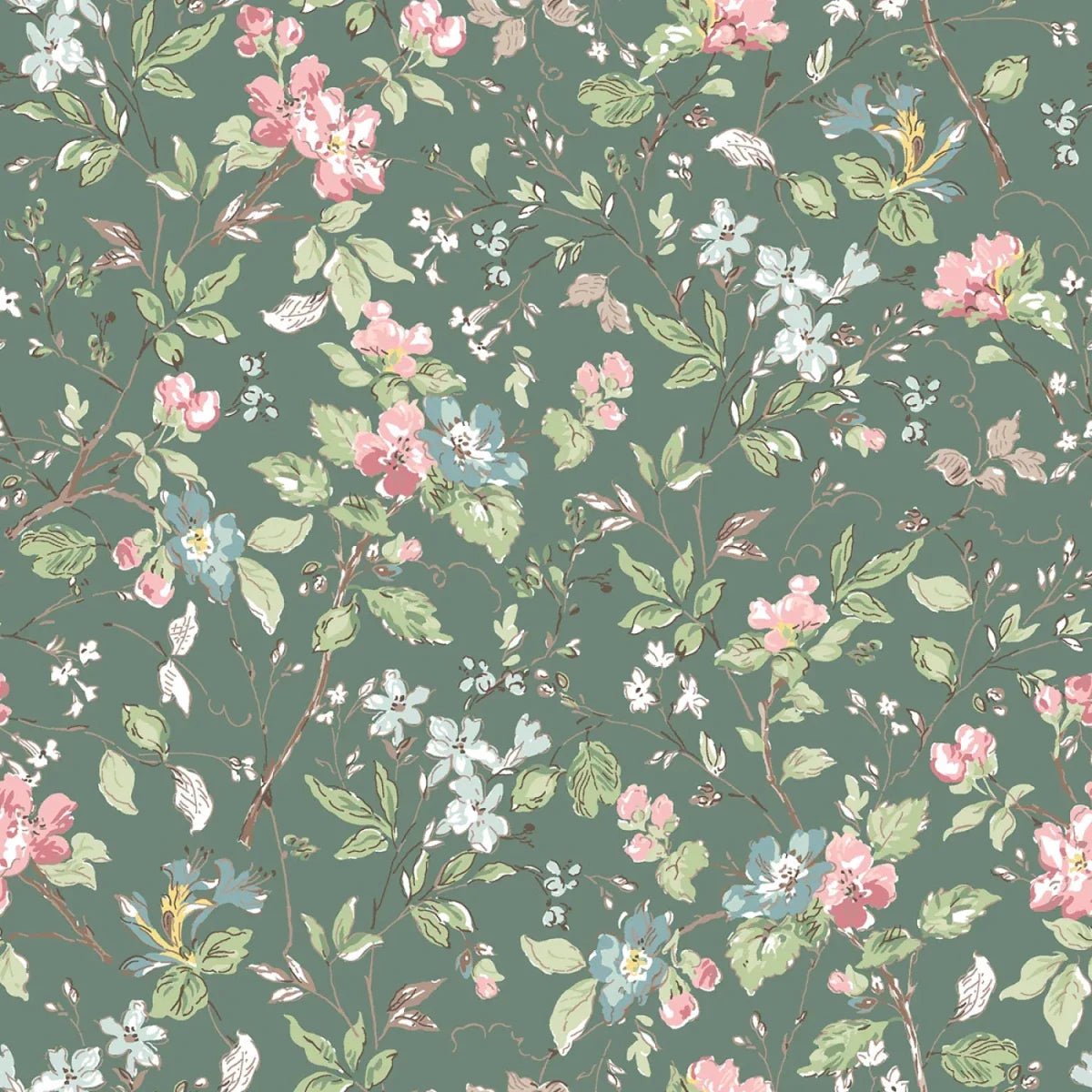 Maywood Terrace Blooms Green Floral Branches 1 Yard Cut by Maywood Studio