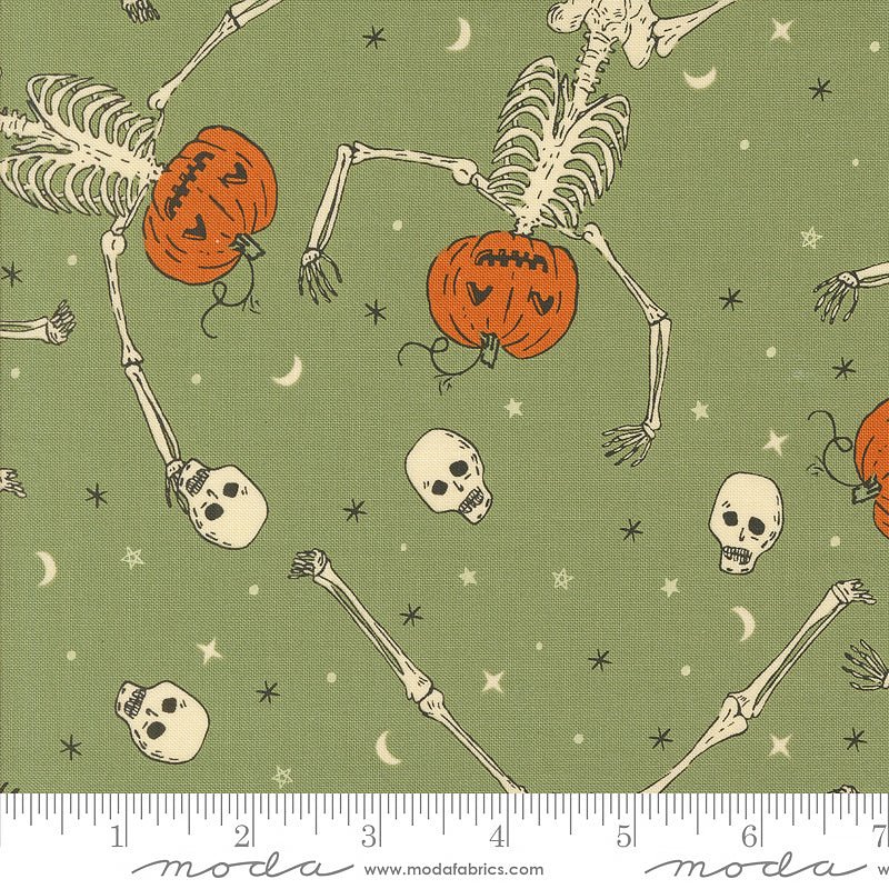 Moda Home Sweet Haunt Skeleton Pumpkins Moss 1 Yard Cut by Moda