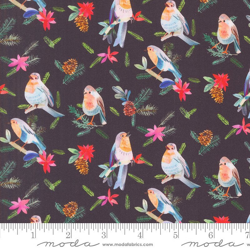 Moda Love & Cheer Robins & Pinecones Coal 1 Yard Cut by Moda