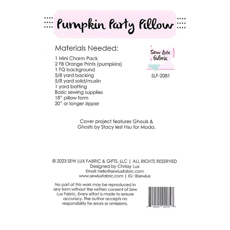Pumpkin Party Pillow Pattern - Sew Lux Fabric from Fort Worth Fabric Studio