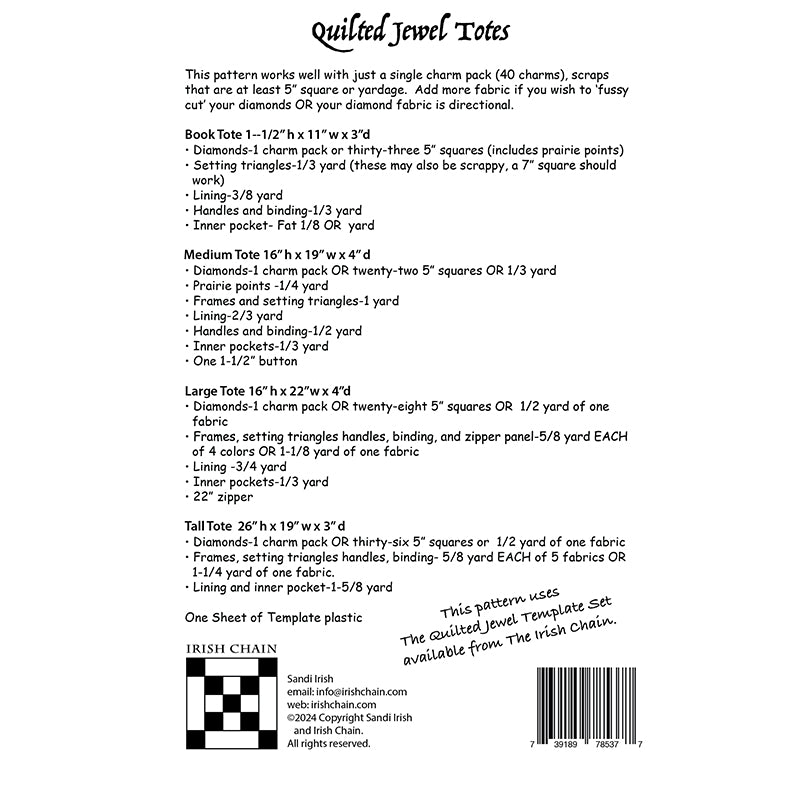 Quilted Jewel Totes Pattern by Irish Chain - Irish Chain from Fort Worth Fabric Studio