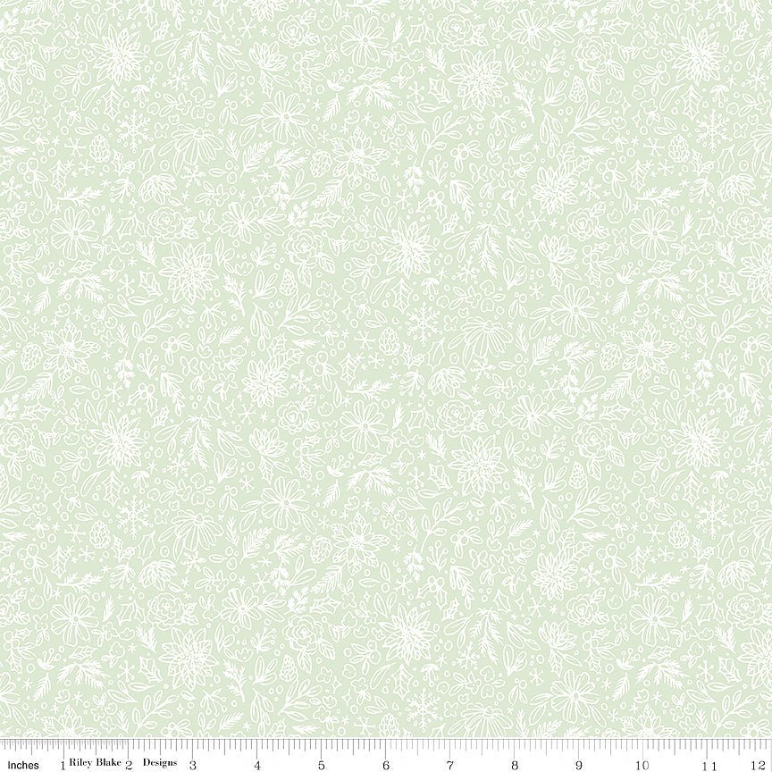 Riley Blake Charming Christmas Floral Outline Mint 1 Yard Cut by Riley Blake