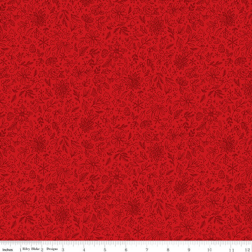 Riley Blake Charming Christmas Floral Outline Red 1 Yard Cut by Riley Blake