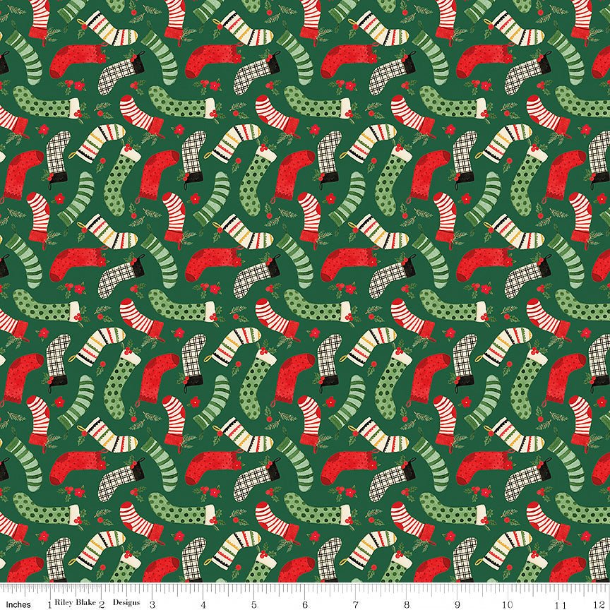 Riley Blake Charming Christmas Stockings Green 1 Yard Cut by Riley Blake