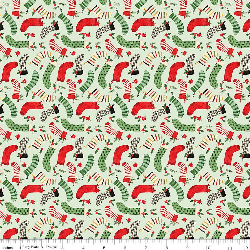 Riley Blake Charming Christmas Stockings Mint 1 Yard Cut by Riley Blake