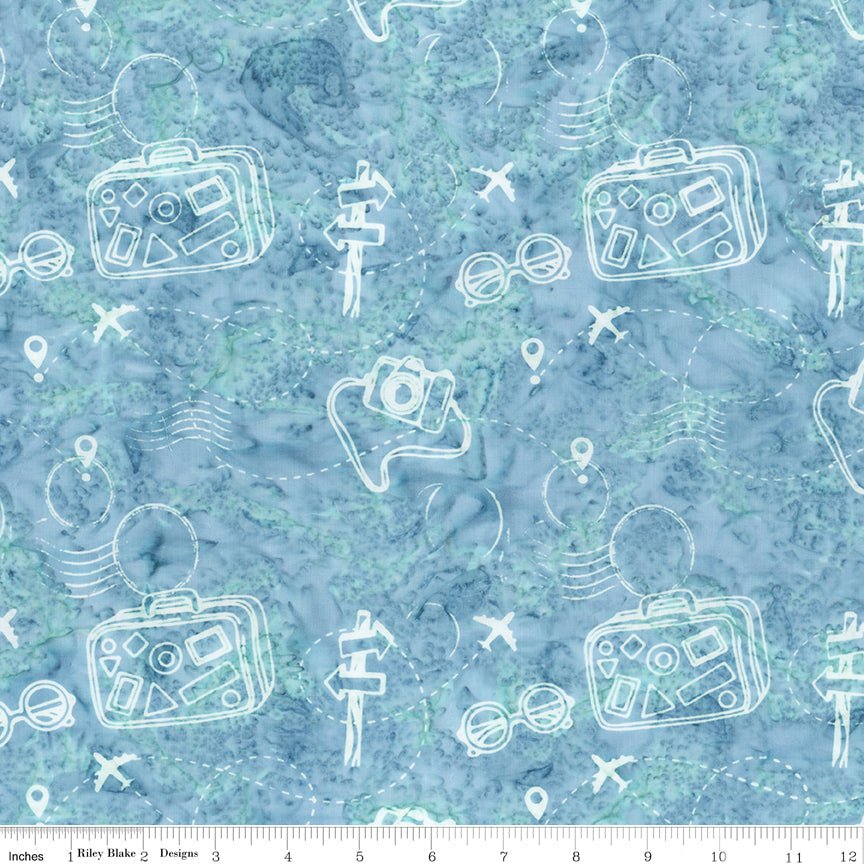 Riley Blake Expressions Batiks Places You'll Go Traveling Baby Blue 1 Yard Cut - Riley Blake from Fort Worth Fabric Studio