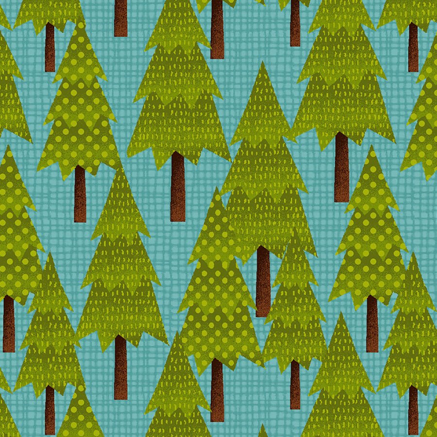 Studio E Camping Gnomes Trees Blue/Green 1 Yard Cut by Studio E
