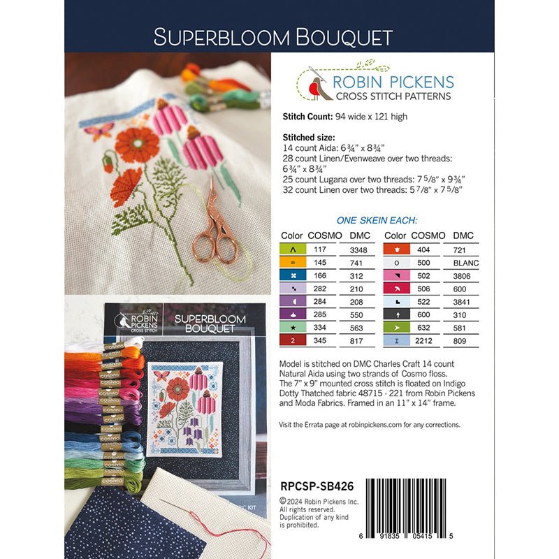 Superbloom Bouquet Cross Stitch and Fabric Kit by Robin Pickens - Robin Pickens from Fort Worth Fabric Studio