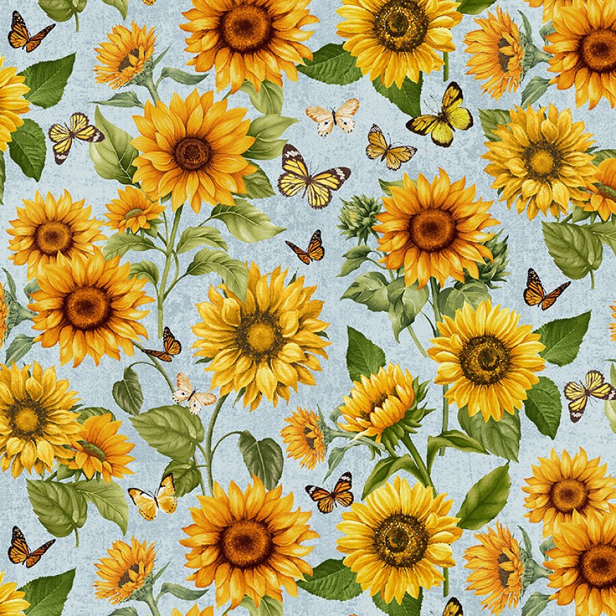 Timeless Treasures Sunflower Farm Tossed Sunflowers Sky 1 Yard Cut by Timeless Treasures