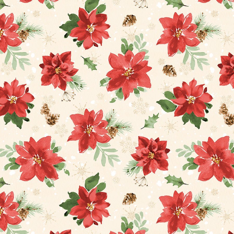Wilmington Cardinal Celebration Tossed Poinsettias Cream 1 Yard Cut by Wilmington Prints
