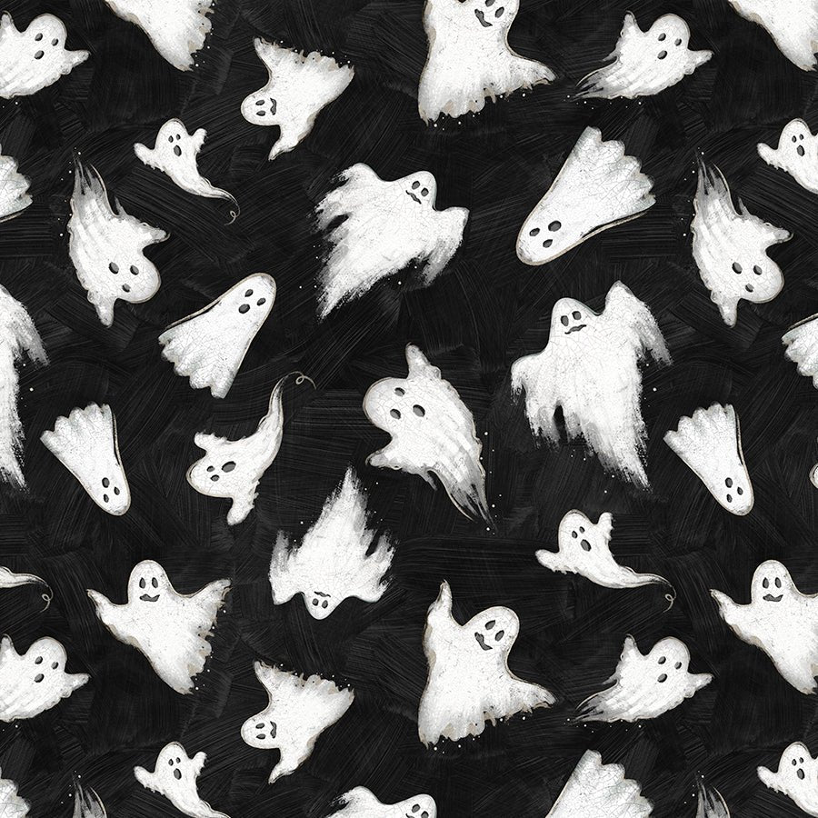 Wilmington Midnight Hauntings Ghost All Over Black 1 Yard Cut - Wilmington Prints from Fort Worth Fabric Studio