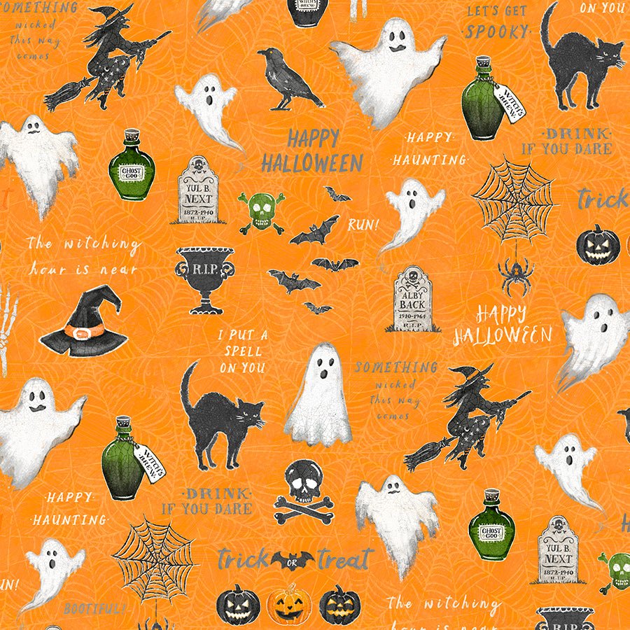 Wilmington Midnight Hauntings Large All Over Orange 1 Yard Cut - Wilmington Prints from Fort Worth Fabric Studio