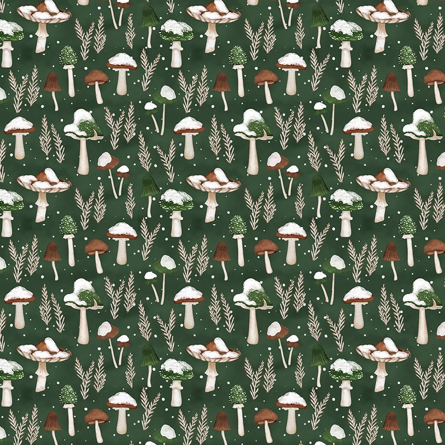 Wilmington Woodland Snowmen Mushrooms All Over Green 1 Yard Cut by Wilmington Prints
